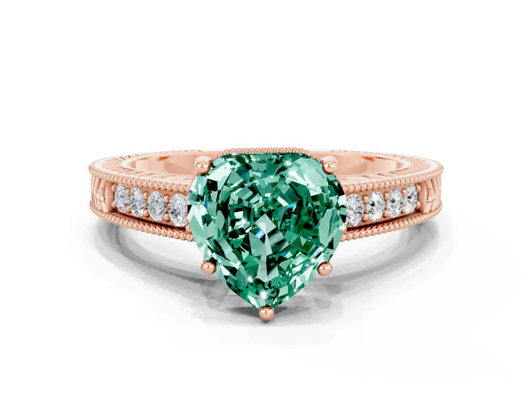Rose gold Heart Cut Green Sapphire Ring with Milgrain Pavé Band and Four-Prong Setting