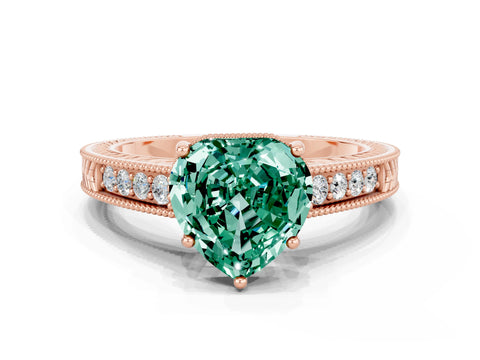 Rose gold Heart Cut Green Sapphire Ring with Milgrain Pavé Band and Four-Prong Setting_12