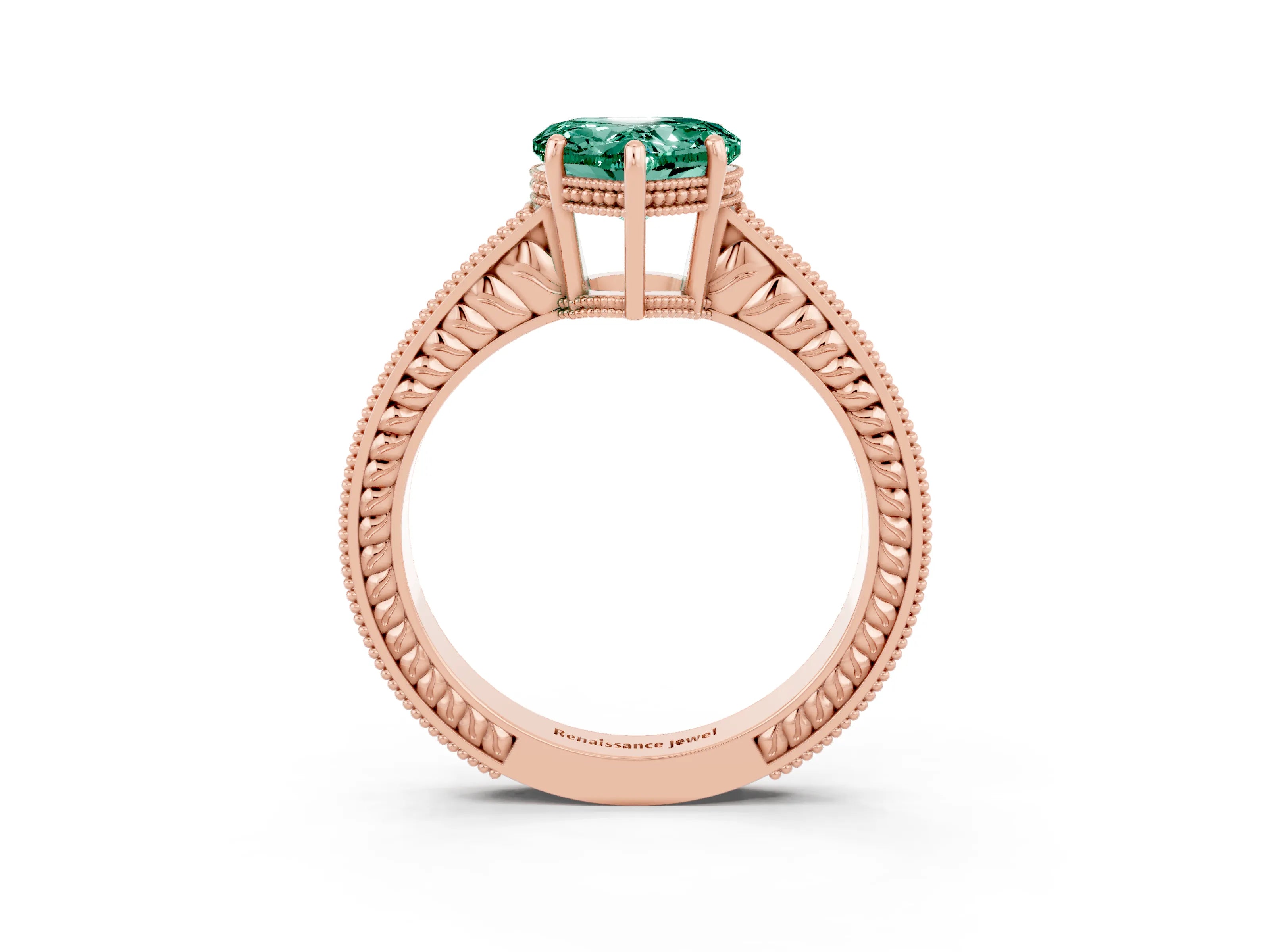 Rose gold Heart Cut Green Sapphire Ring with Milgrain Pavé Band and Four-Prong Setting_15