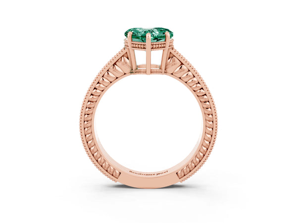 Rose gold Heart Cut Green Sapphire Ring with Milgrain Pavé Band and Four-Prong Setting