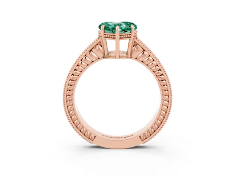 Rose gold Heart Cut Green Sapphire Ring with Milgrain Pavé Band and Four-Prong Setting_15