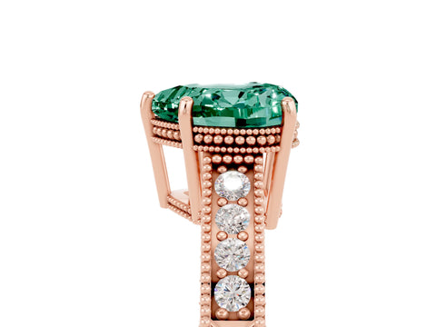Rose gold Heart Cut Green Sapphire Ring with Milgrain Pavé Band and Four-Prong Setting_17