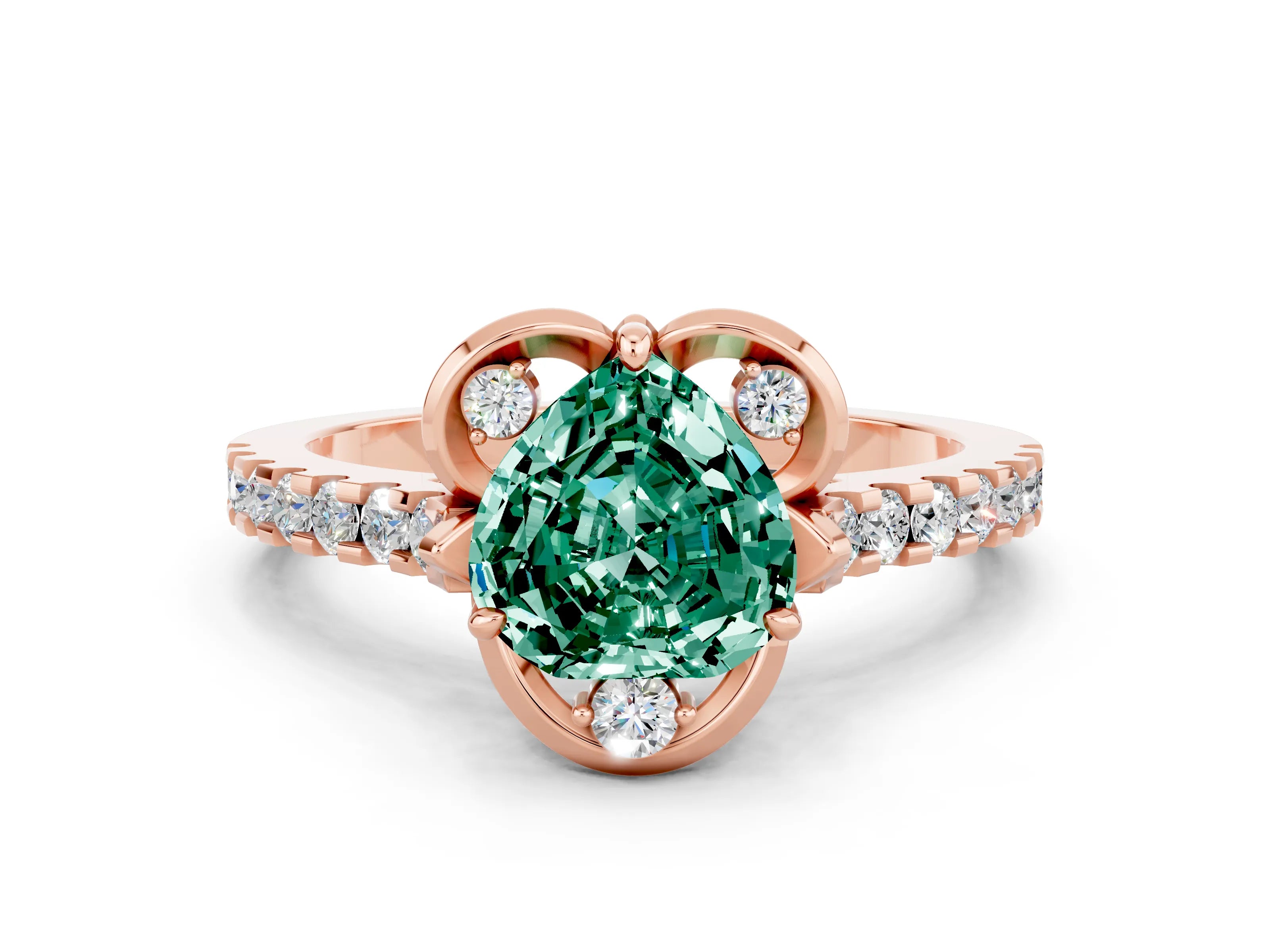 Rose gold Heart Cut Green Sapphire Ring with Pavé Band and Floral Prong Setting