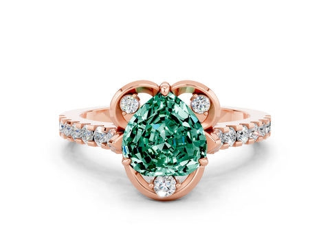 Rose gold Heart Cut Green Sapphire Ring with Pavé Band and Floral Prong Setting