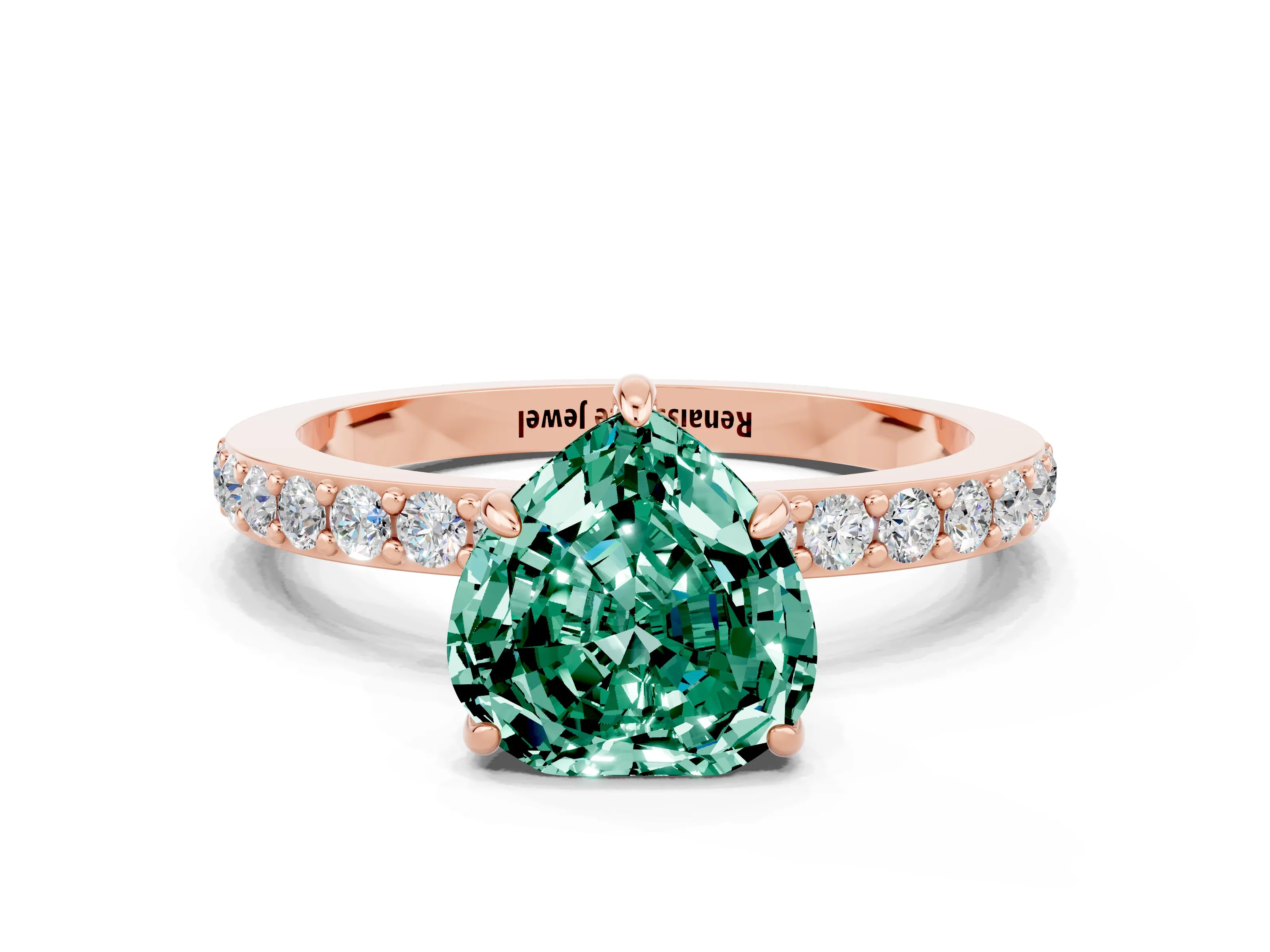 Rose gold Heart Cut Green Sapphire Ring with Pavé Band and Four-Prong Setting