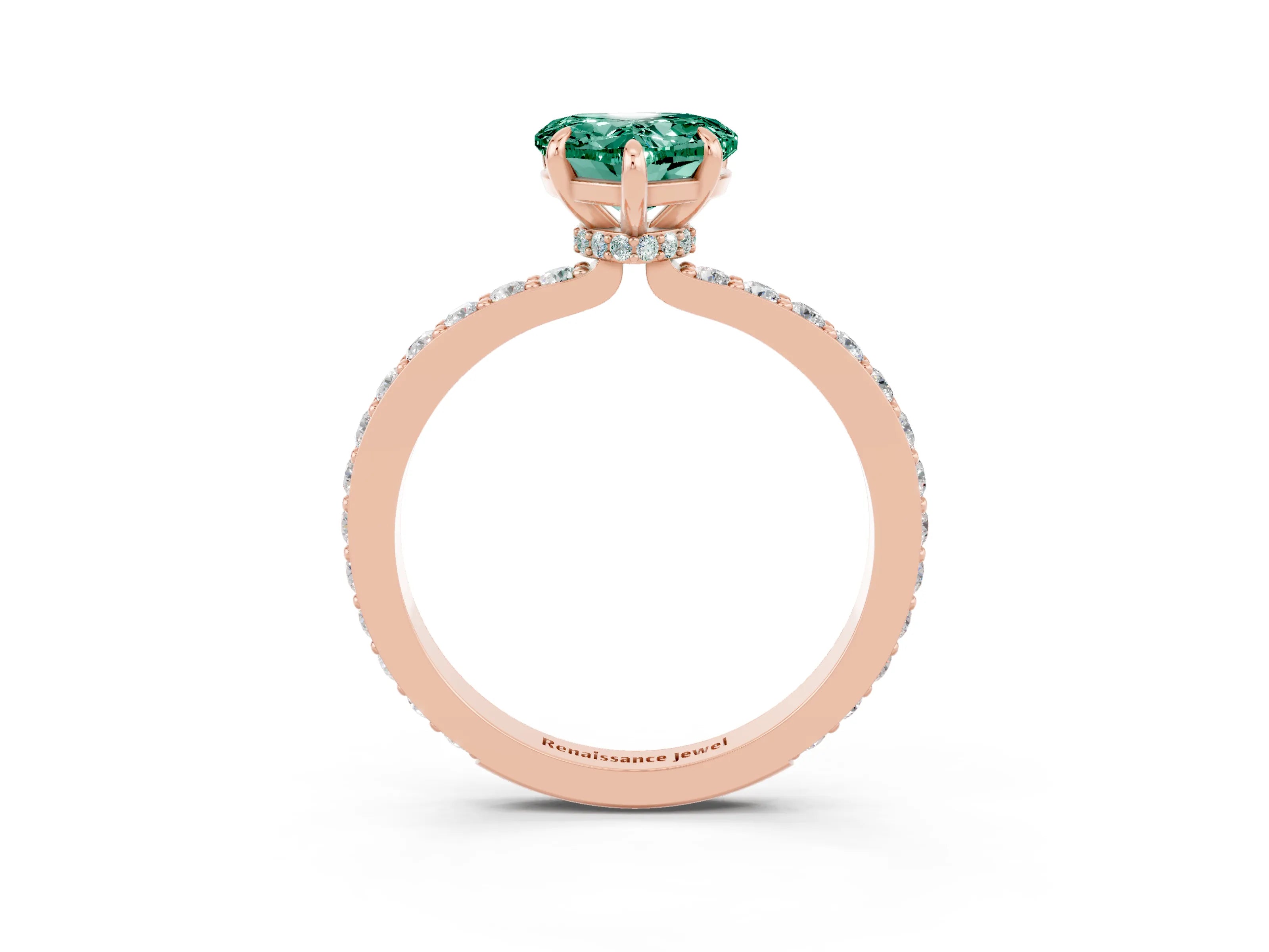 Rose gold Heart Cut Green Sapphire Ring with Pavé Band and Four-Prong Setting_3