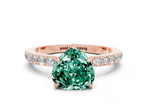 Rose gold Heart Cut Green Sapphire Ring with Pavé Band and Four-Prong Setting