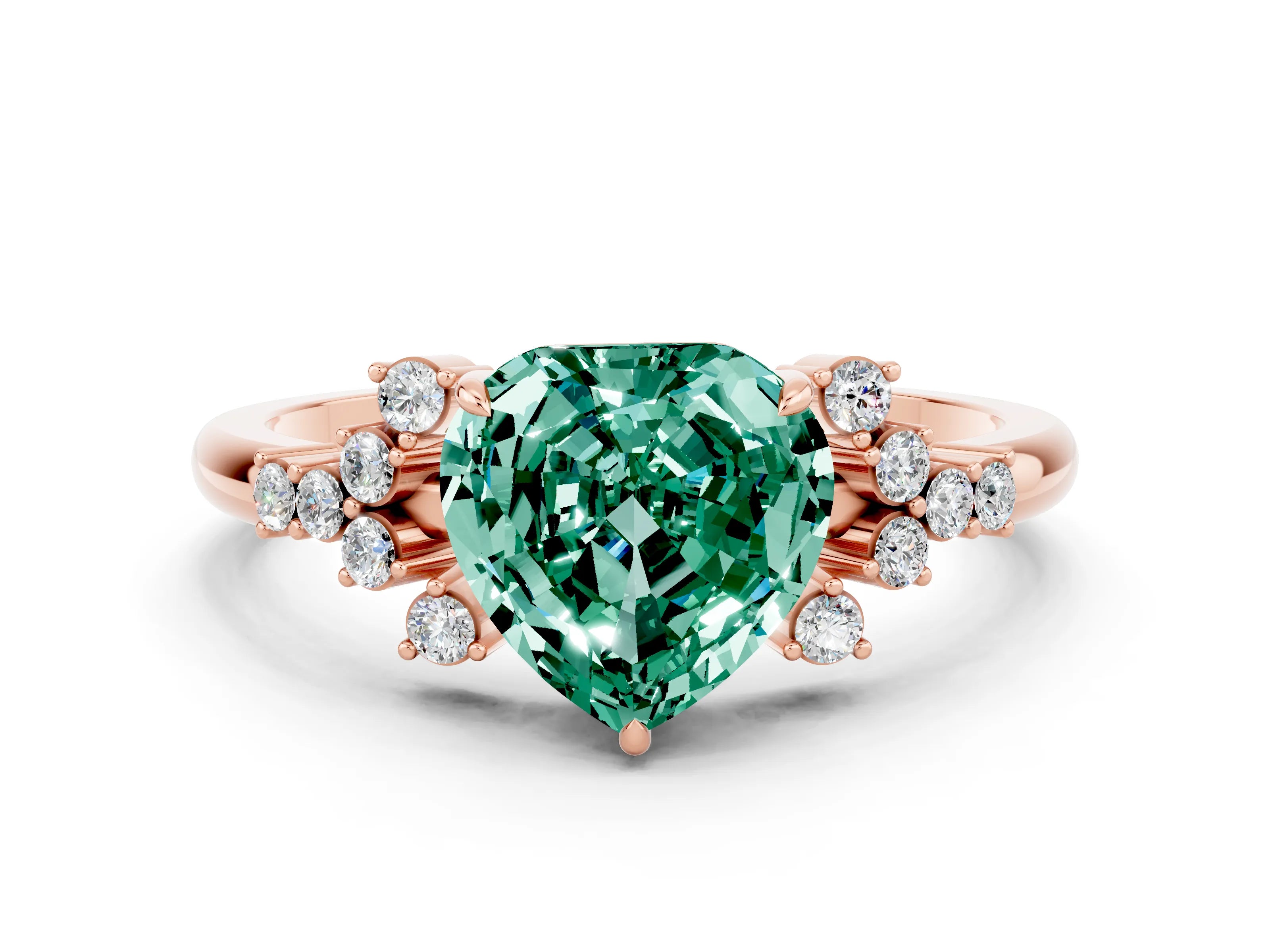 Rose gold Heart Cut Green Sapphire Ring with Side Stones and Four-Prong Setting_36