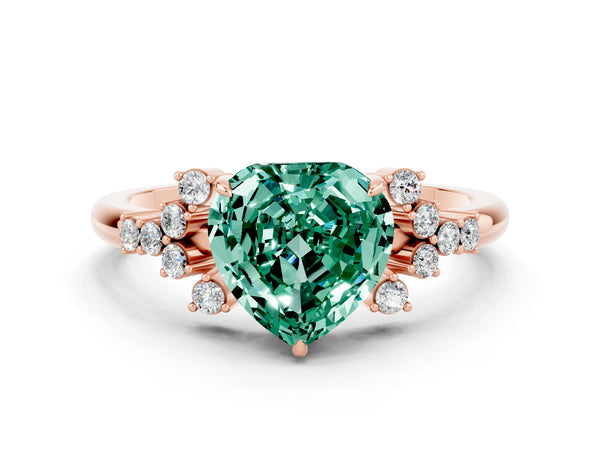 Rose gold Heart Cut Green Sapphire Ring with Side Stones and Four-Prong Setting