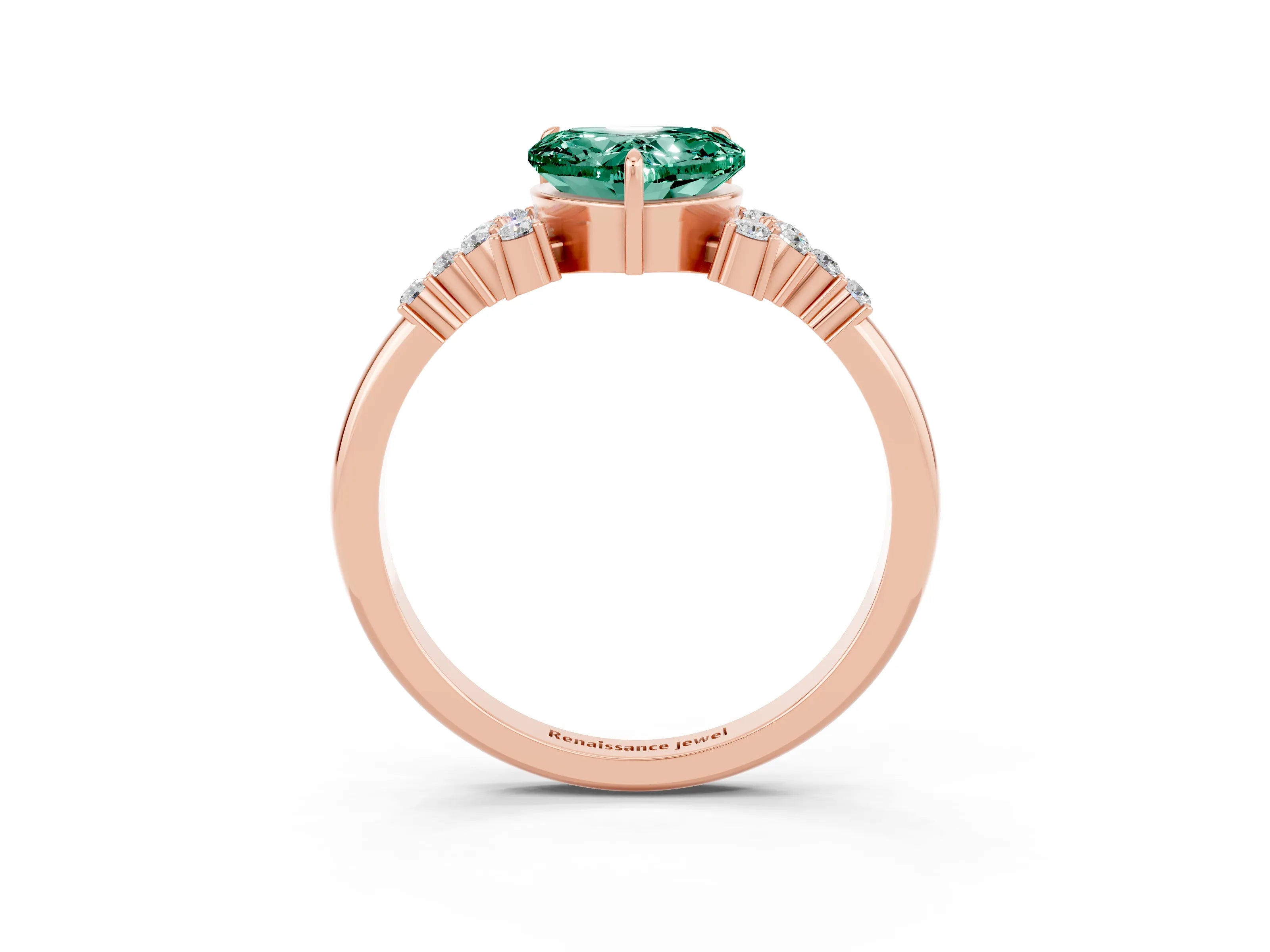 Rose gold Heart Cut Green Sapphire Ring with Side Stones and Four-Prong Setting_39