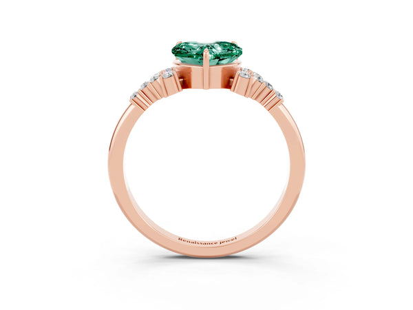Rose gold Heart Cut Green Sapphire Ring with Side Stones and Four-Prong Setting
