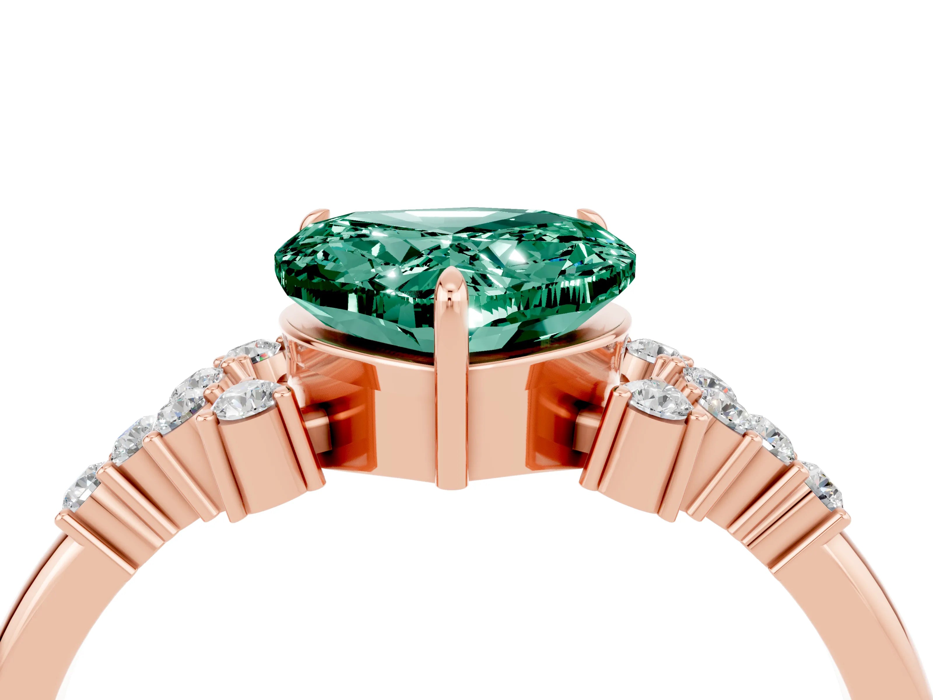 Rose gold Heart Cut Green Sapphire Ring with Side Stones and Four-Prong Setting_40