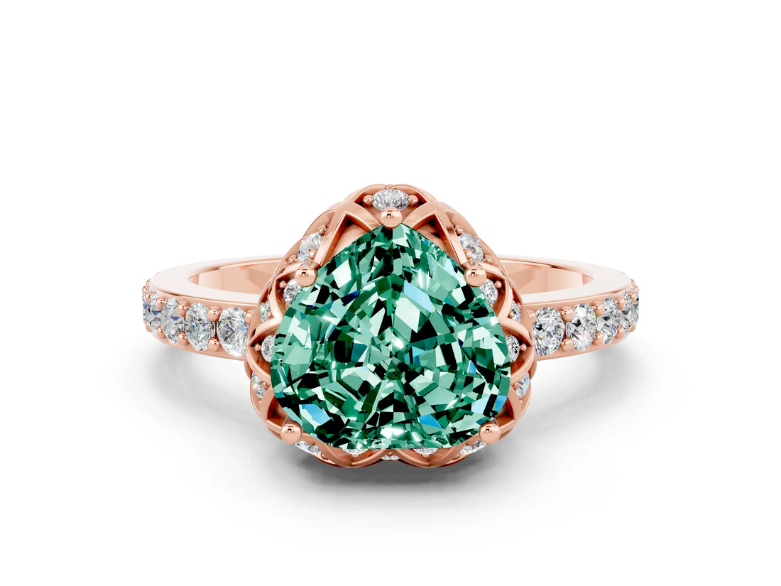 Rose gold Heart Cut Green Sapphire Scalloped Halo Engagement Ring with Round Shared Prong Band_24