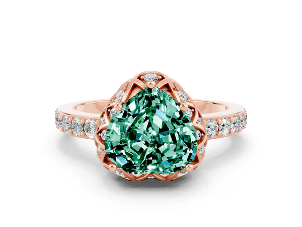 Rose gold Heart Cut Green Sapphire Scalloped Halo Engagement Ring with Round Shared Prong Band