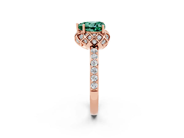 Rose gold Heart Cut Green Sapphire Scalloped Halo Engagement Ring with Round Shared Prong Band