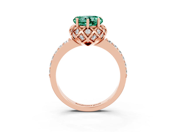 Rose gold Heart Cut Green Sapphire Scalloped Halo Engagement Ring with Round Shared Prong Band