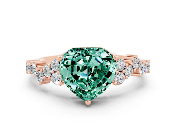 Rose gold Heart Cut Green Sapphire Scattered Round Accent Ring with Prong Setting