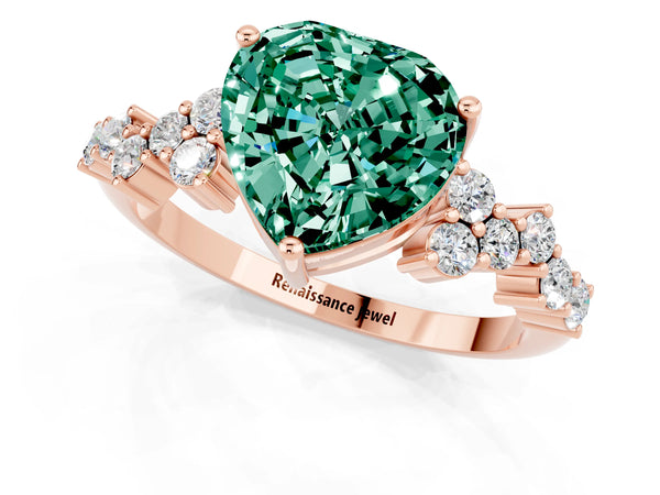 Rose gold Heart Cut Green Sapphire Scattered Round Accent Ring with Prong Setting
