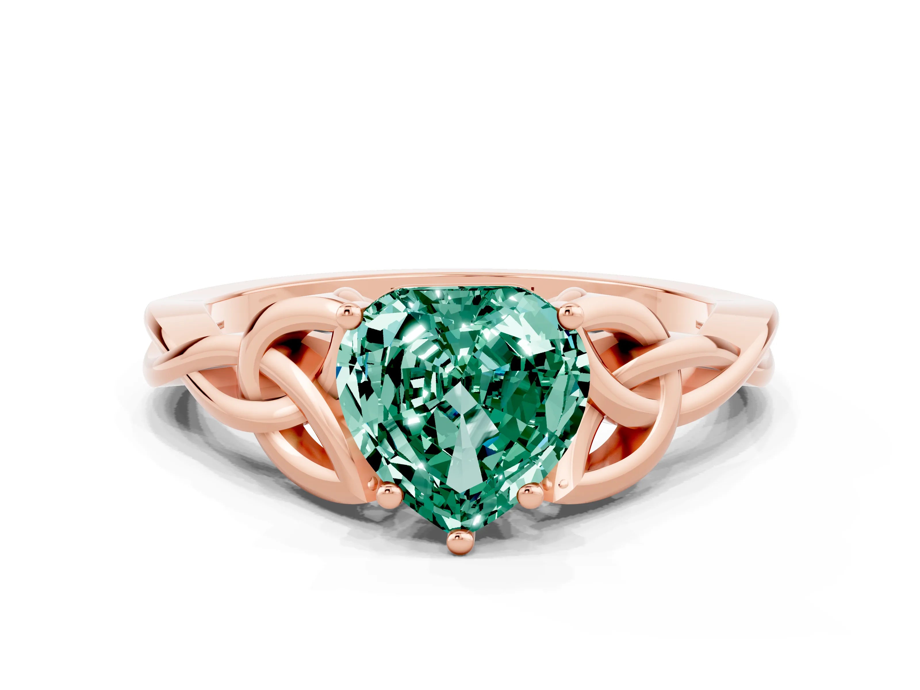 Rose gold Heart Cut Green Sapphire Solitaire Celtic Knot Ring with Four-Prong Setting_12