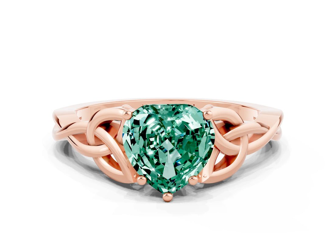 Rose gold Heart Cut Green Sapphire Solitaire Celtic Knot Ring with Four-Prong Setting_12