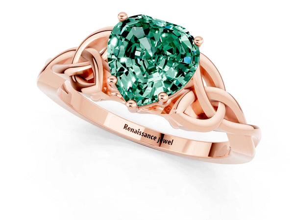 Rose gold Heart Cut Green Sapphire Solitaire Celtic Knot Ring with Four-Prong Setting