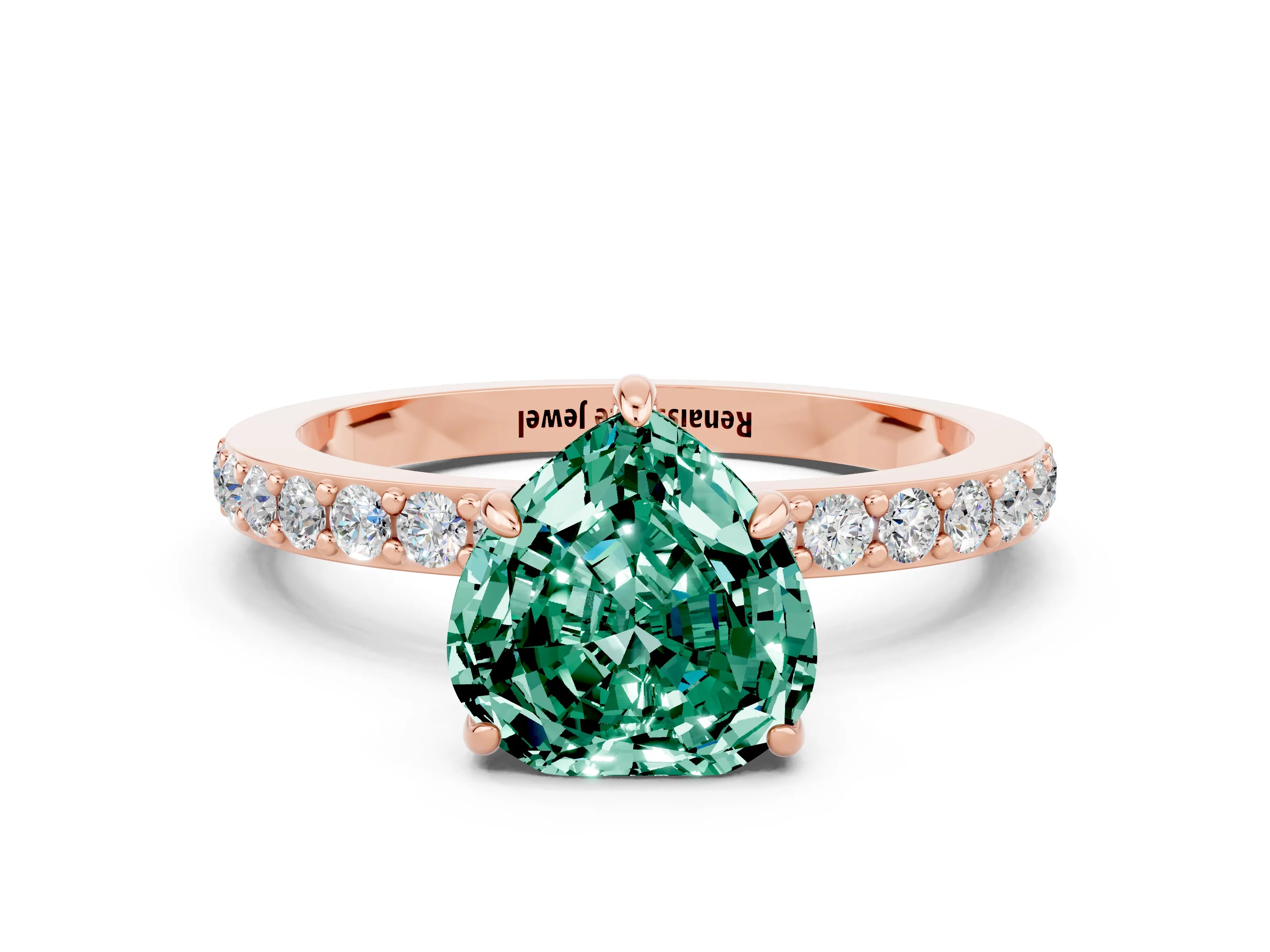 Rose gold Heart Cut Green Sapphire Solitaire Engagement Ring with Pavé Band and Four-Prong Setting