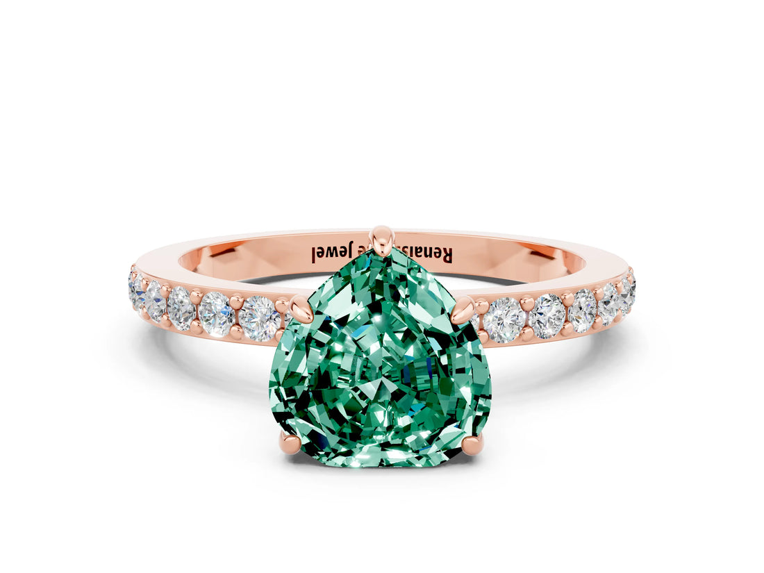 Rose gold Heart Cut Green Sapphire Solitaire Engagement Ring with Pavé Band and Four-Prong Setting