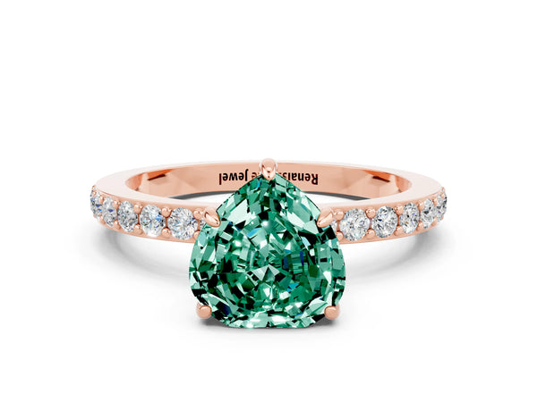 Rose gold Heart Cut Green Sapphire Solitaire Engagement Ring with Pavé Band and Four-Prong Setting
