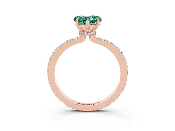 Rose gold Heart Cut Green Sapphire Solitaire Engagement Ring with Pavé Band and Four-Prong Setting