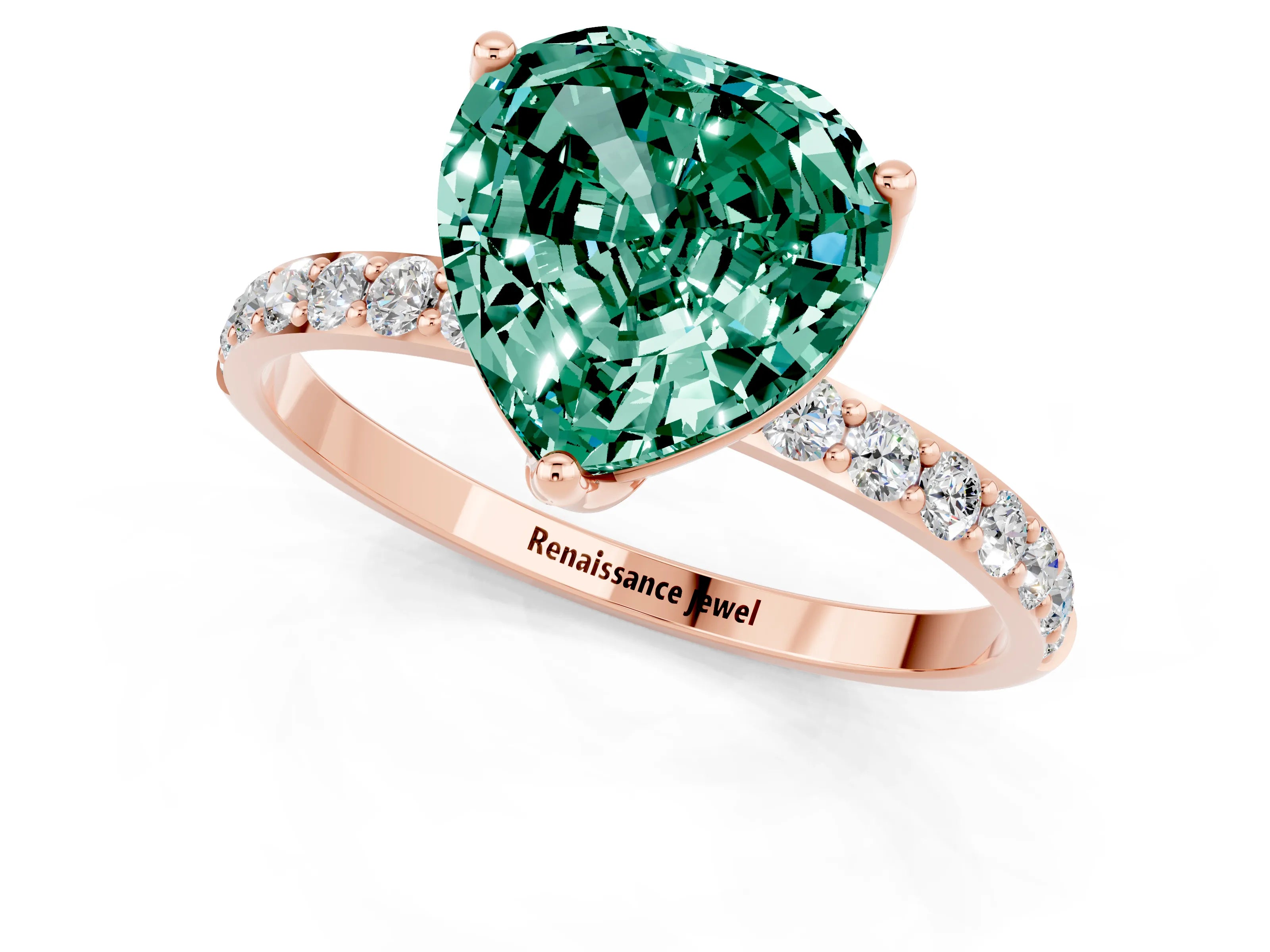 Rose gold Heart Cut Green Sapphire Solitaire Engagement Ring with Pavé Band and Prong Setting_1