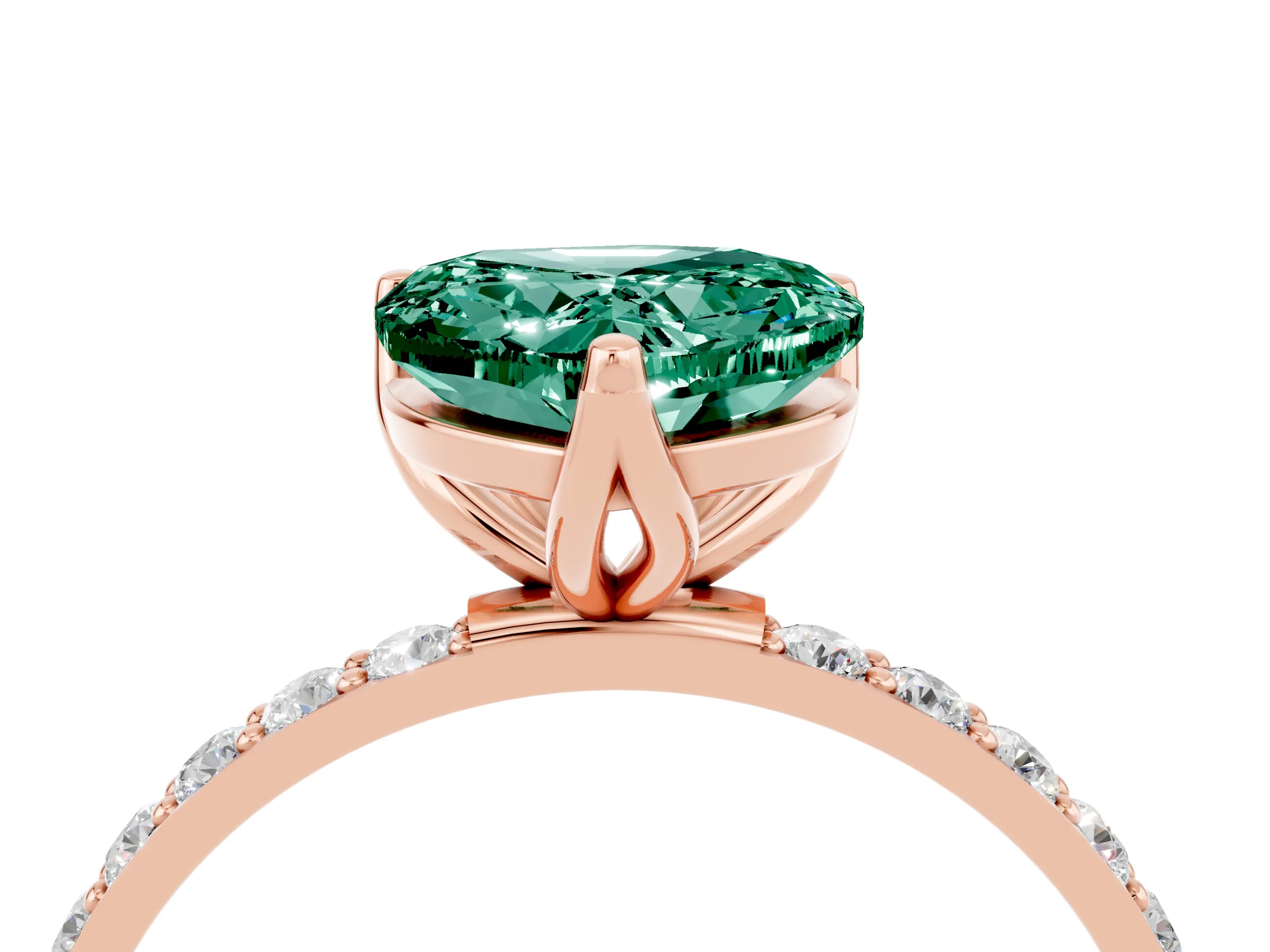 Rose gold Heart Cut Green Sapphire Solitaire Engagement Ring with Pavé Band and Prong Setting_4