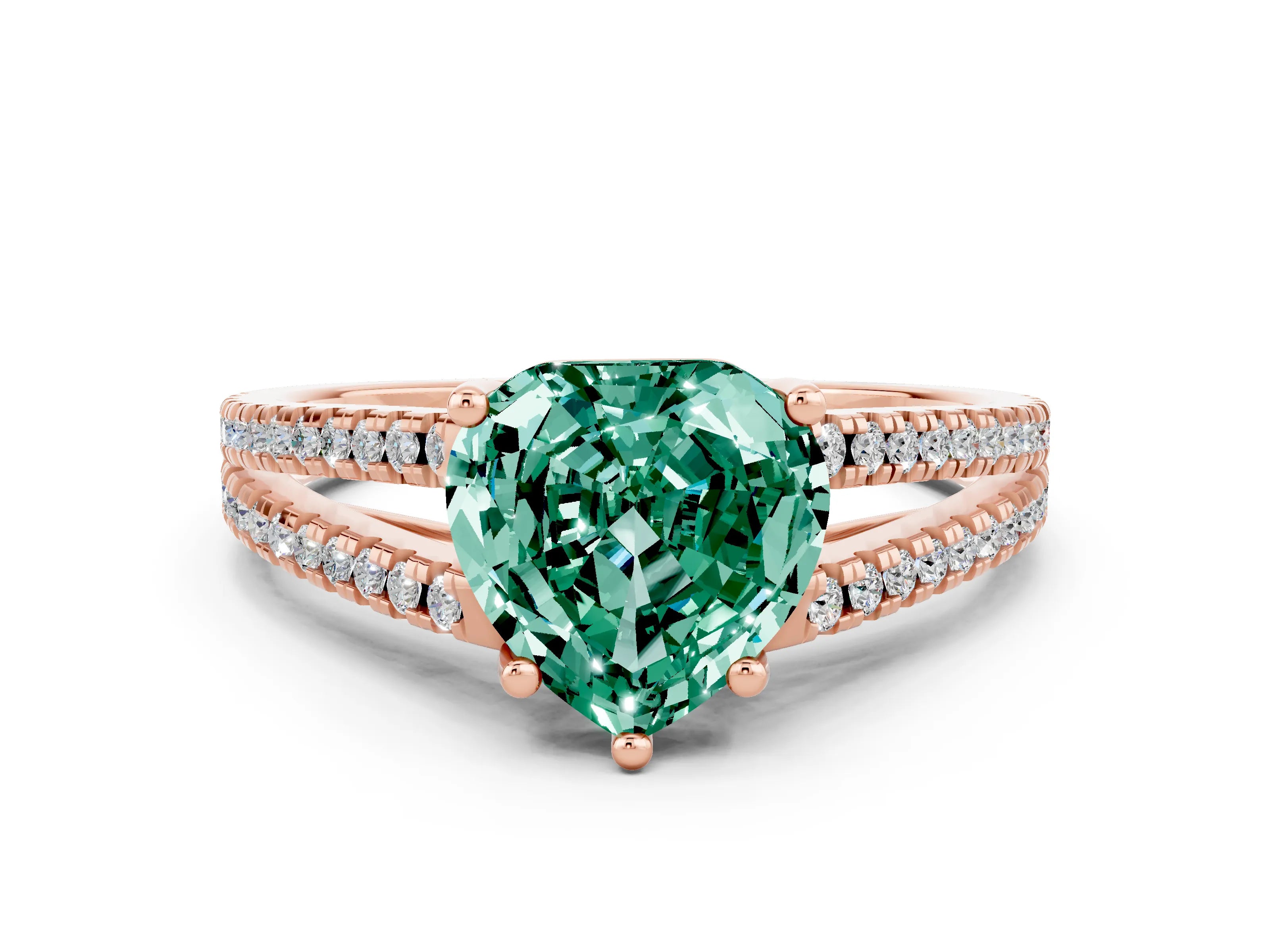Rose gold Heart Cut Green Sapphire Solitaire Engagement Ring with Split Shank Pavé Band