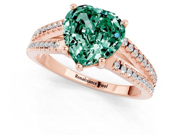 Rose gold Heart Cut Green Sapphire Solitaire Engagement Ring with Split Shank Pavé Band