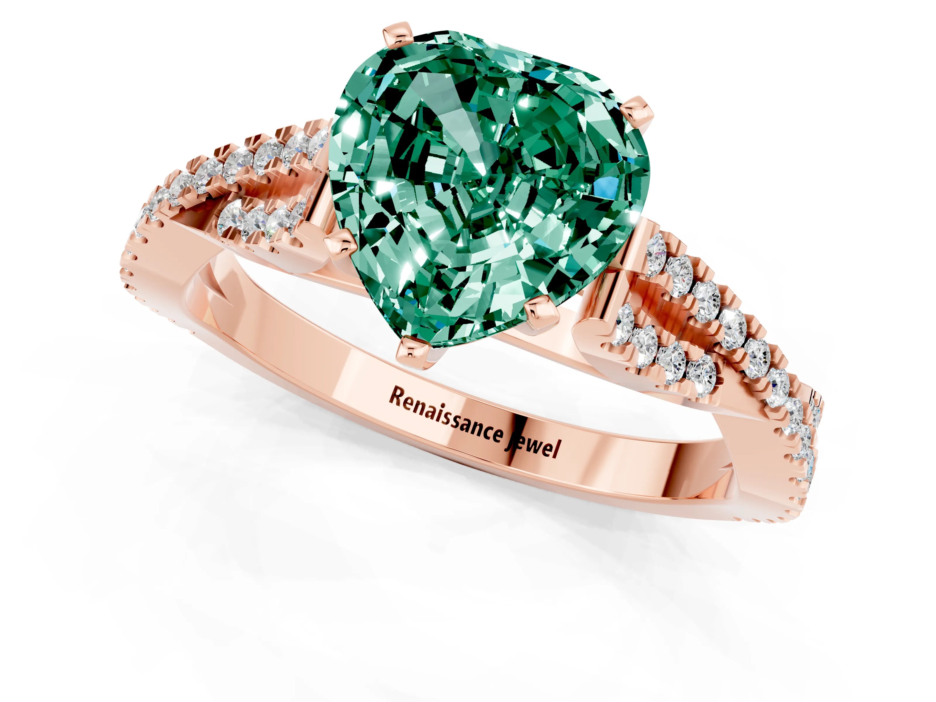 Rose gold Heart Cut Green Sapphire Solitaire Engagement Ring with Twisted Pavé Band and Four-Prong Setting_13
