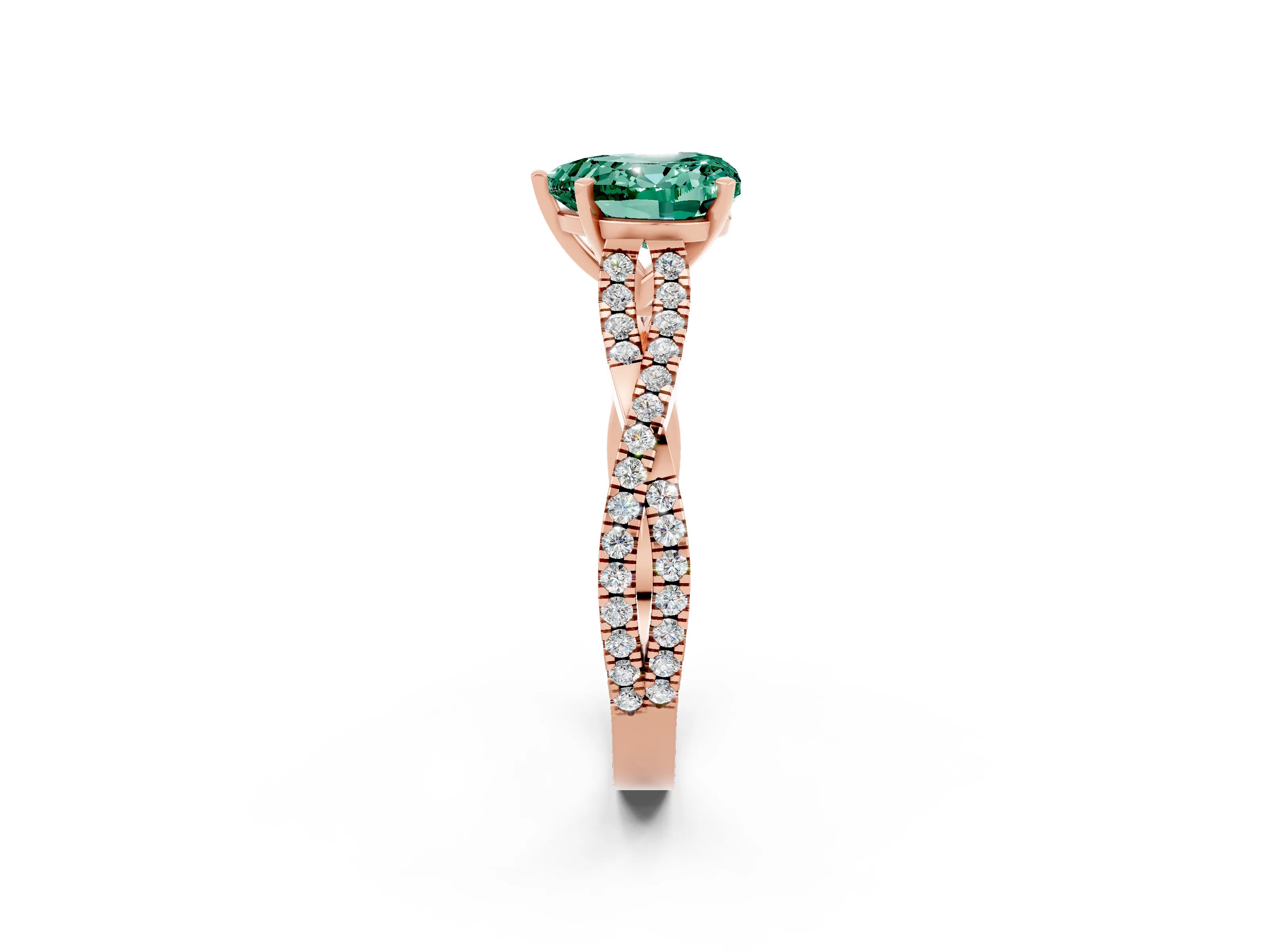 Rose gold Heart Cut Green Sapphire Solitaire Engagement Ring with Twisted Pavé Band and Four-Prong Setting_14