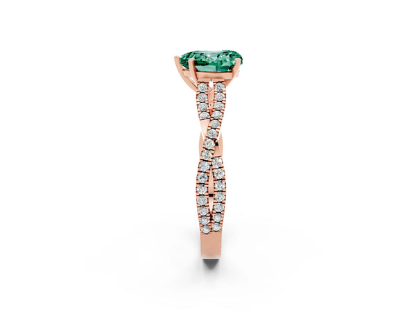 Rose gold Heart Cut Green Sapphire Solitaire Engagement Ring with Twisted Pavé Band and Four-Prong Setting