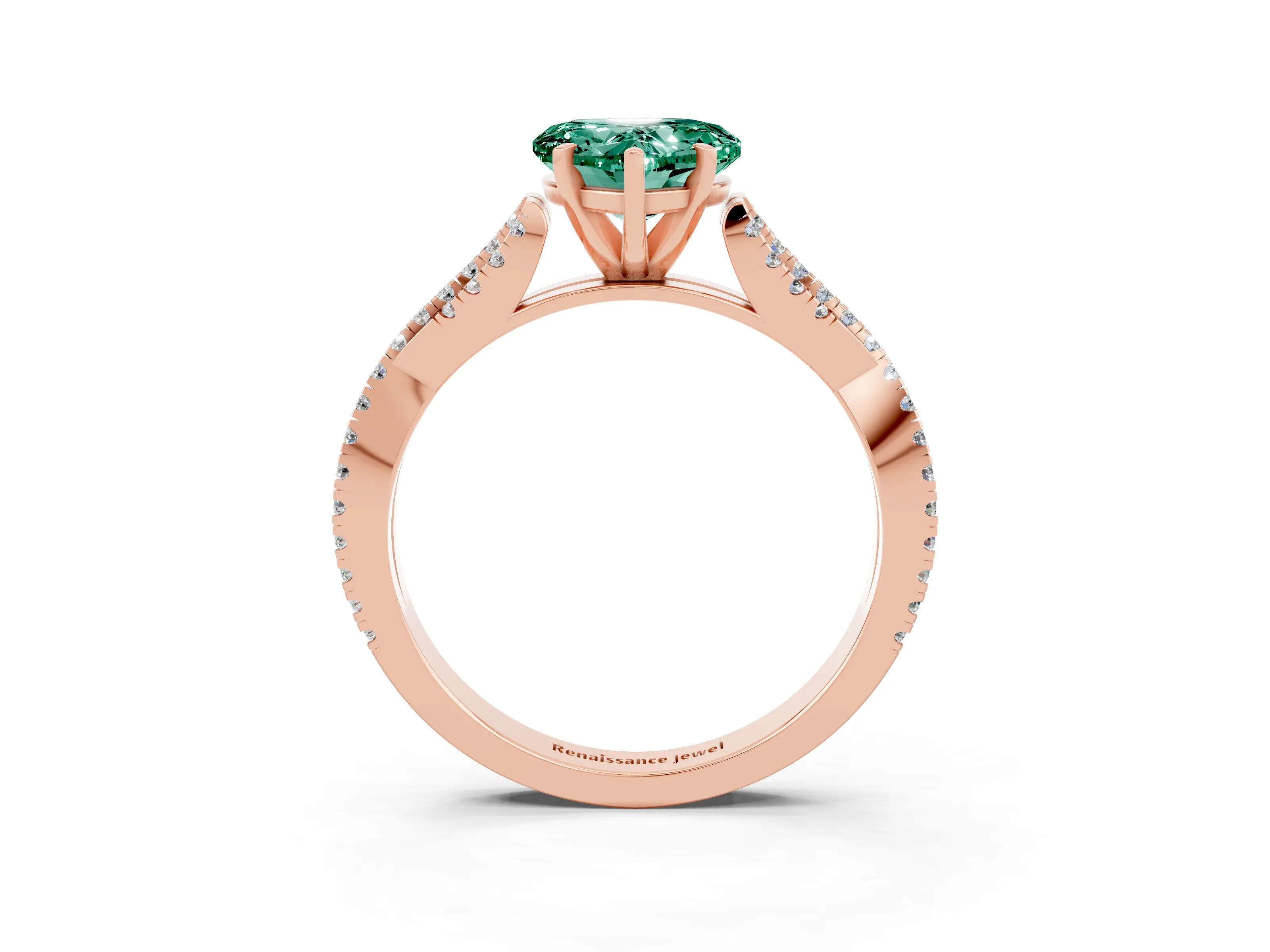 Rose gold Heart Cut Green Sapphire Solitaire Engagement Ring with Twisted Pavé Band and Four-Prong Setting_15