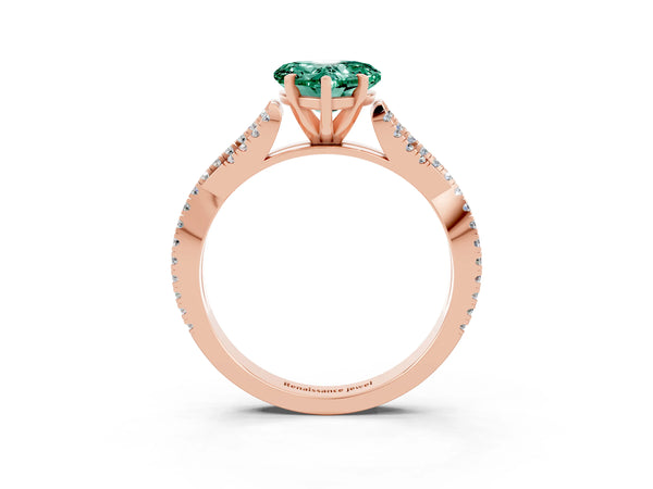 Rose gold Heart Cut Green Sapphire Solitaire Engagement Ring with Twisted Pavé Band and Four-Prong Setting
