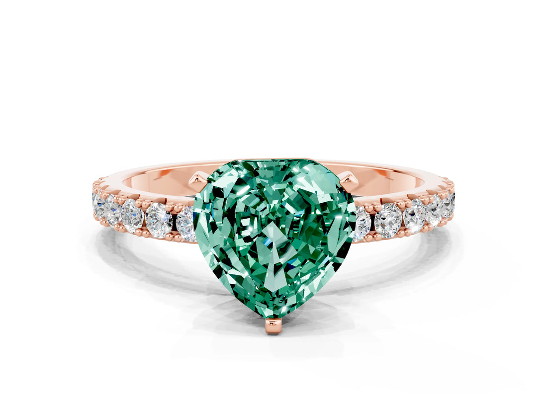 Rose gold Heart Cut Green Sapphire Solitaire Pavé Band with Four-Prong Setting