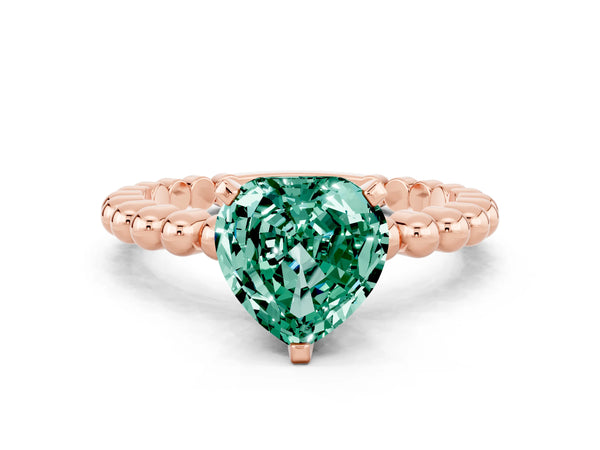 Rose gold Heart Cut Green Sapphire Solitaire Ring with Beaded Band and Prong Setting