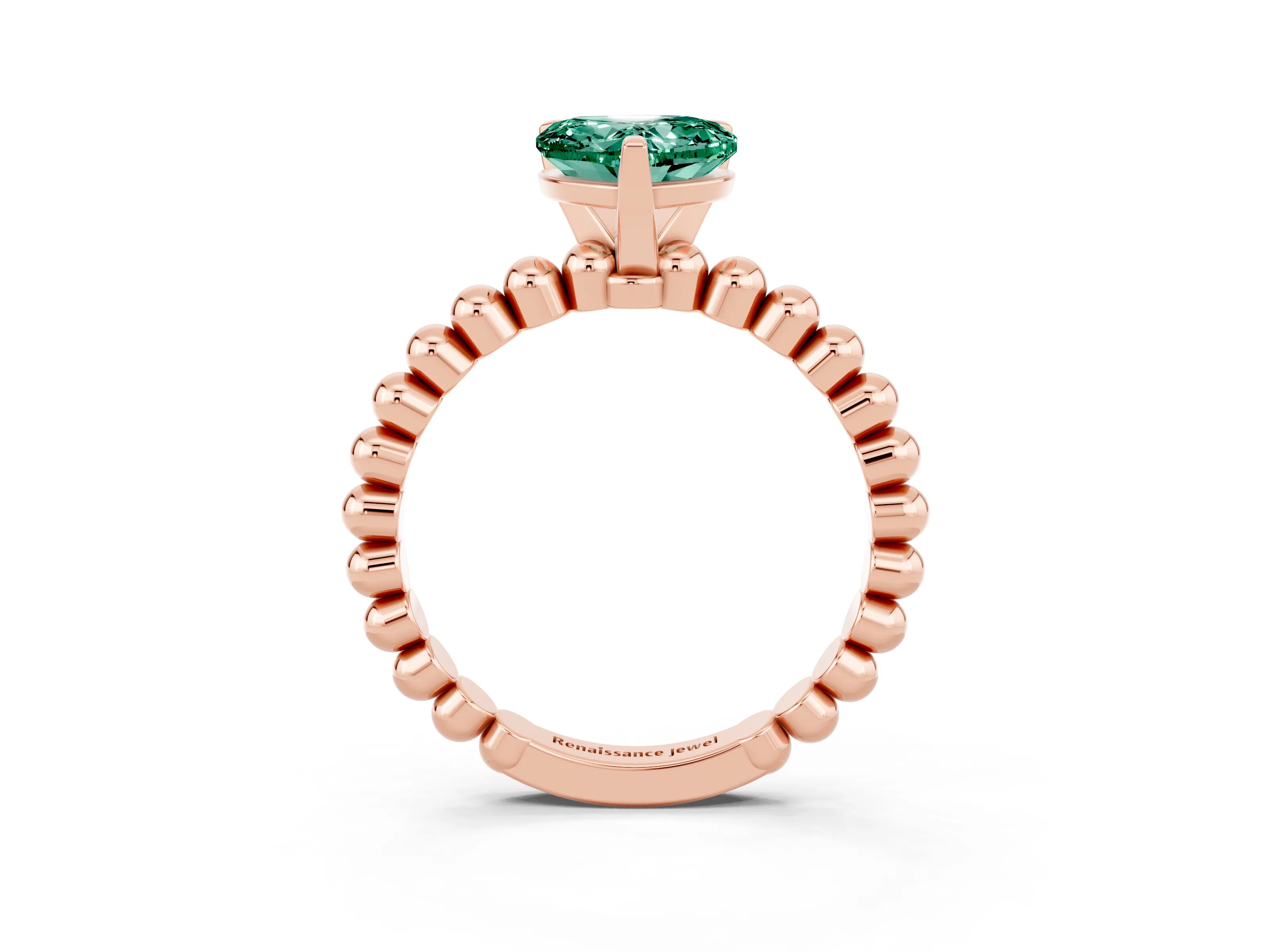 Rose gold Heart Cut Green Sapphire Solitaire Ring with Beaded Band and Prong Setting_3