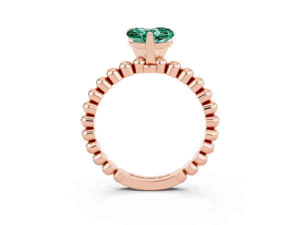 Rose gold Heart Cut Green Sapphire Solitaire Ring with Beaded Band and Prong Setting