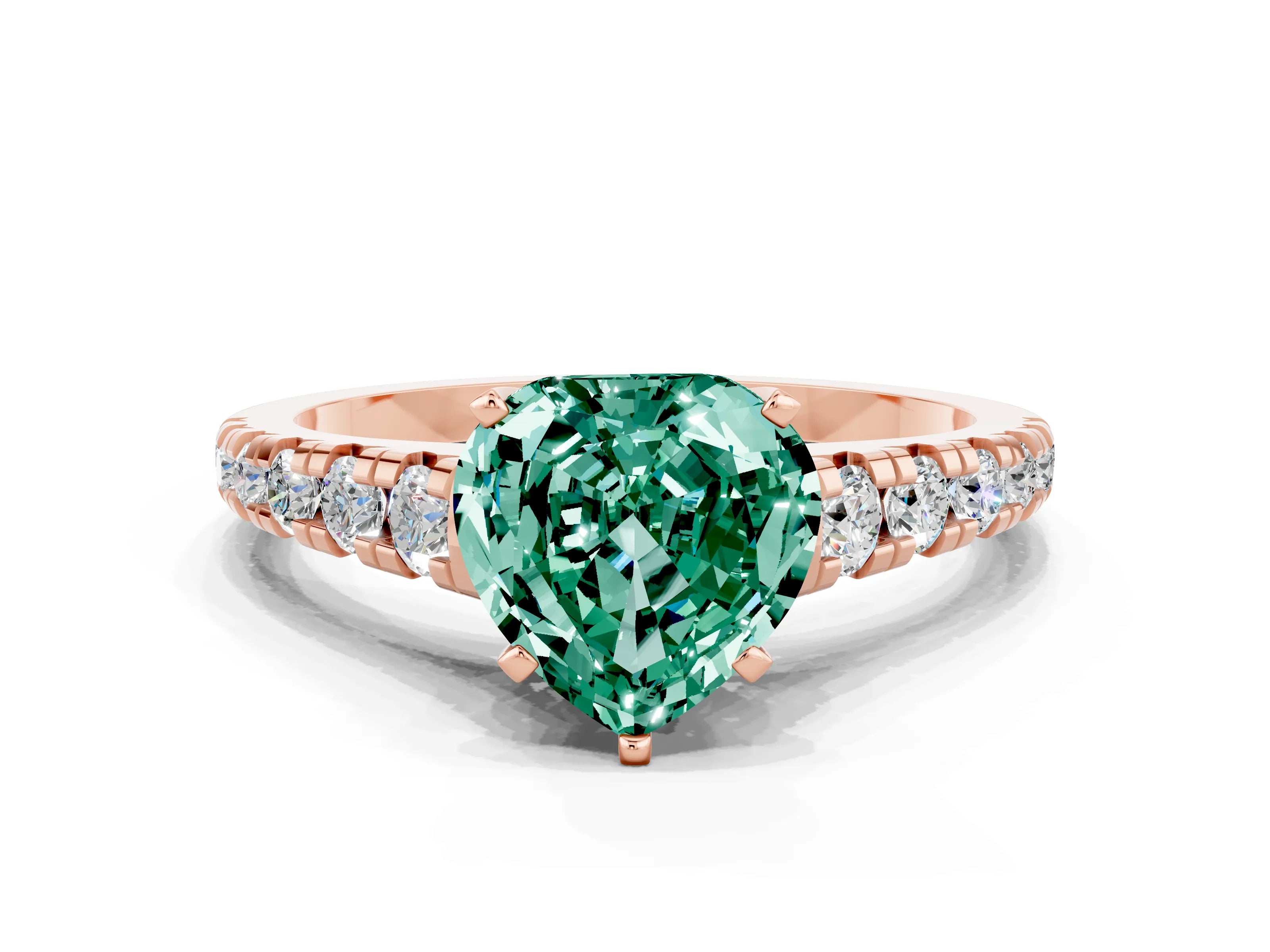 Rose gold Heart Cut Green Sapphire Solitaire Ring with Cathedral Setting and Pavé Band
