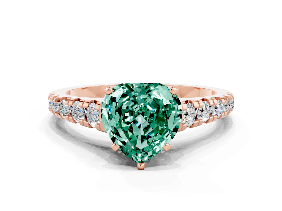 Rose gold Heart Cut Green Sapphire Solitaire Ring with Cathedral Setting and Pavé Band
