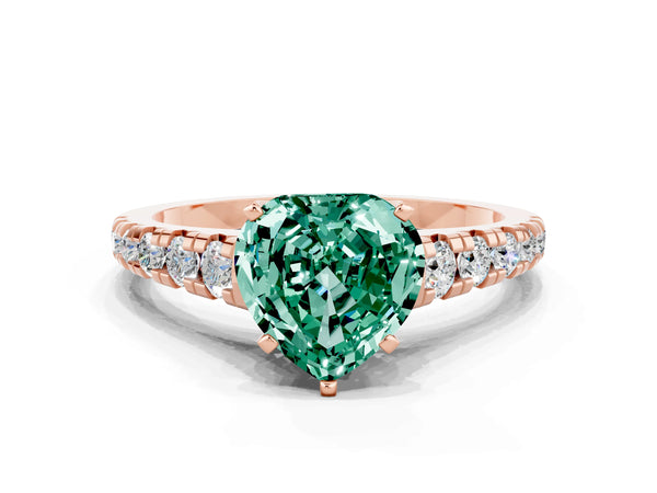 Rose gold Heart Cut Green Sapphire Cathedral Solitaire Ring with Round  Pavé Band