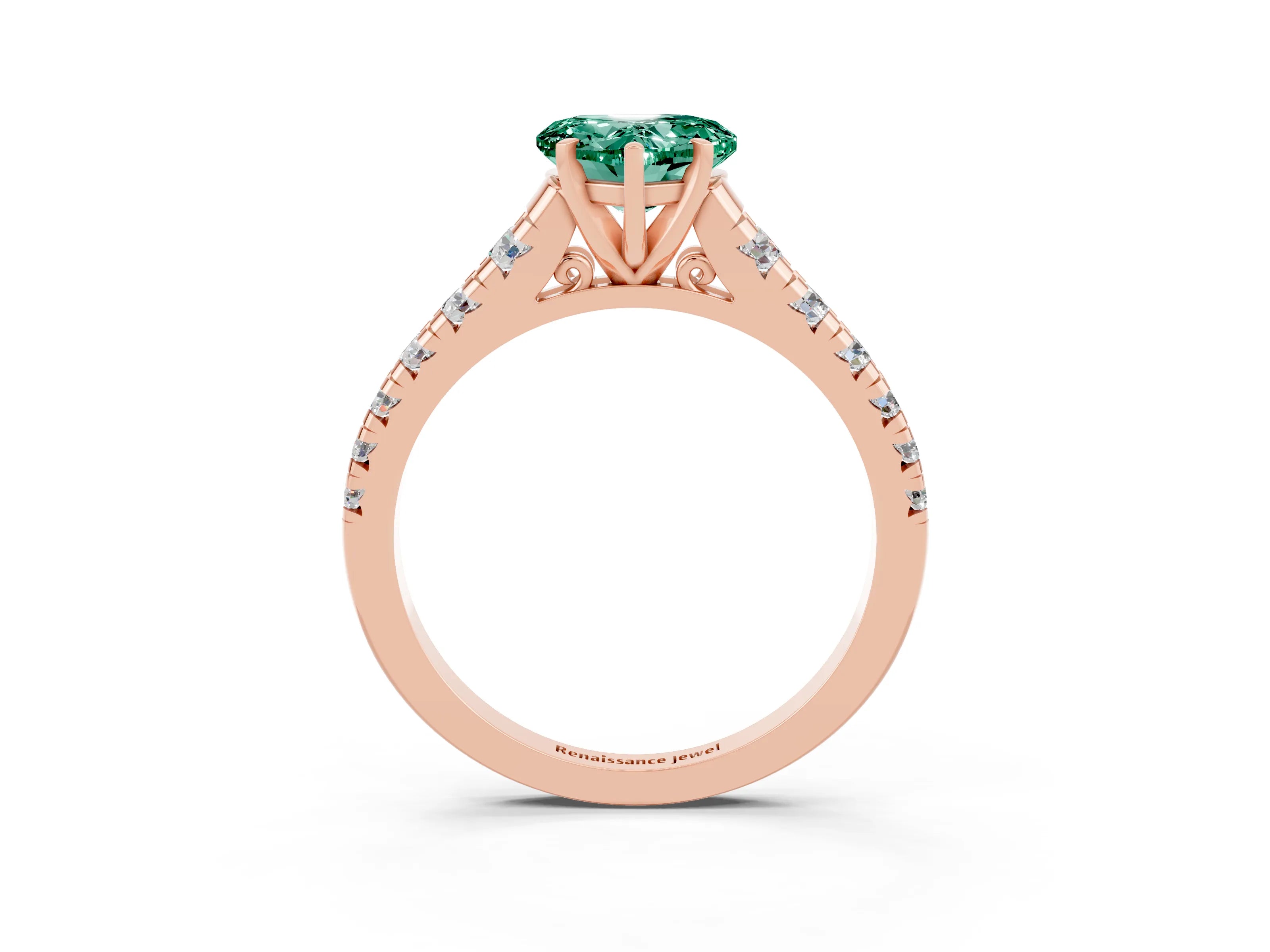 Rose gold Heart Cut Green Sapphire Solitaire Ring with Cathedral Setting and Pavé Band_3