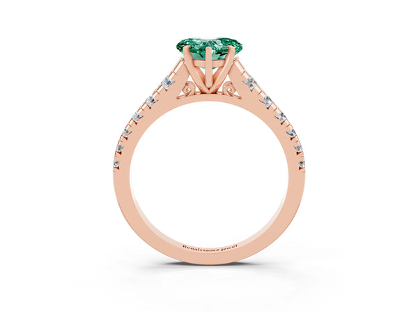 Rose gold Heart Cut Green Sapphire Cathedral Solitaire Ring with Round  Pavé Band