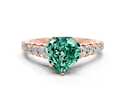 Rose gold Heart Cut Green Sapphire Solitaire Ring with Cathedral Setting and Pavé Band