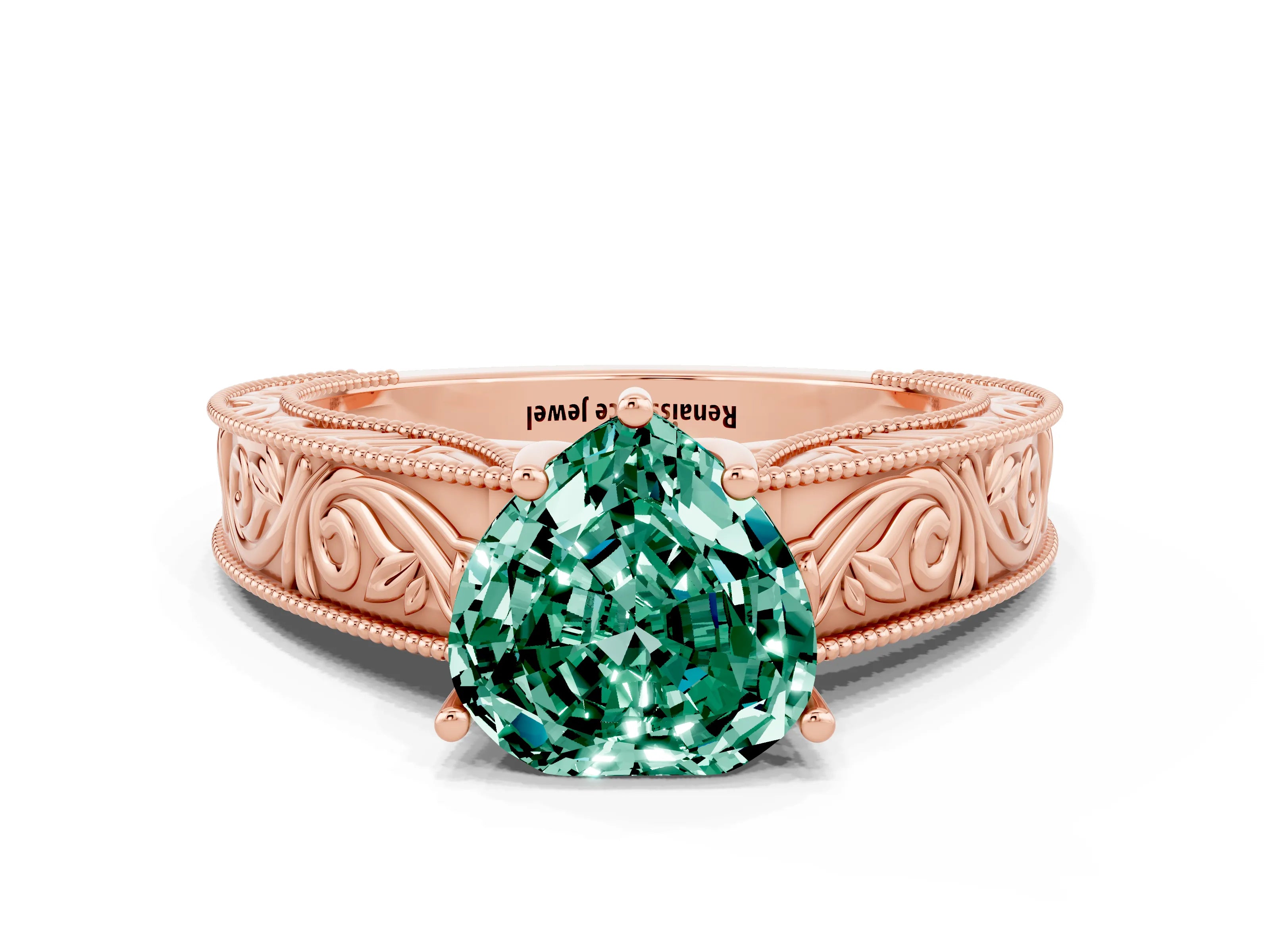 Rose gold Heart Cut Green Sapphire Solitaire Ring with Engraved Band and Four-Prong Setting