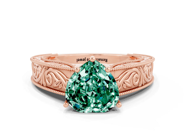 Rose gold Heart Cut Green Sapphire Solitaire Ring with Engraved Band and Four-Prong Setting